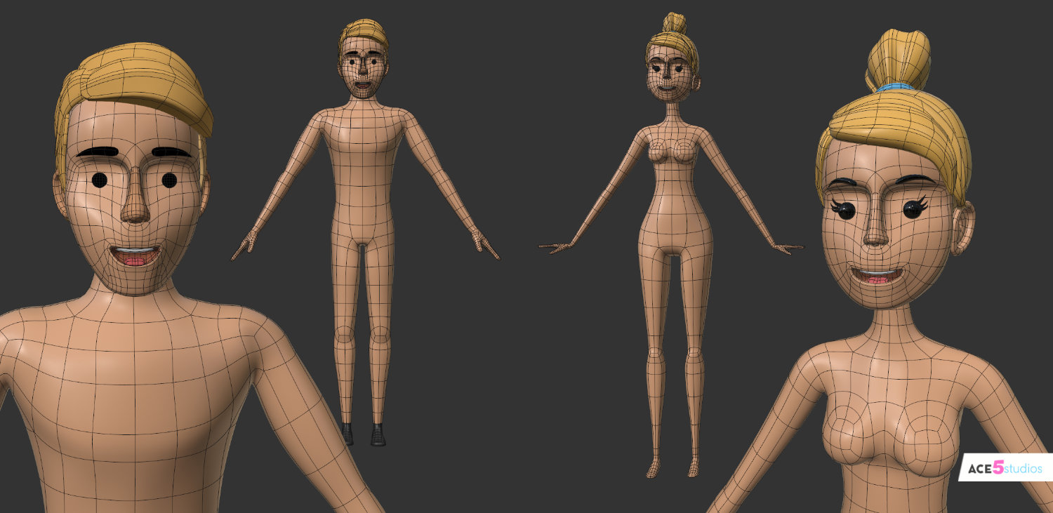 character stylized cartoon wireframe topology cinema 4d rigged characters animation ready