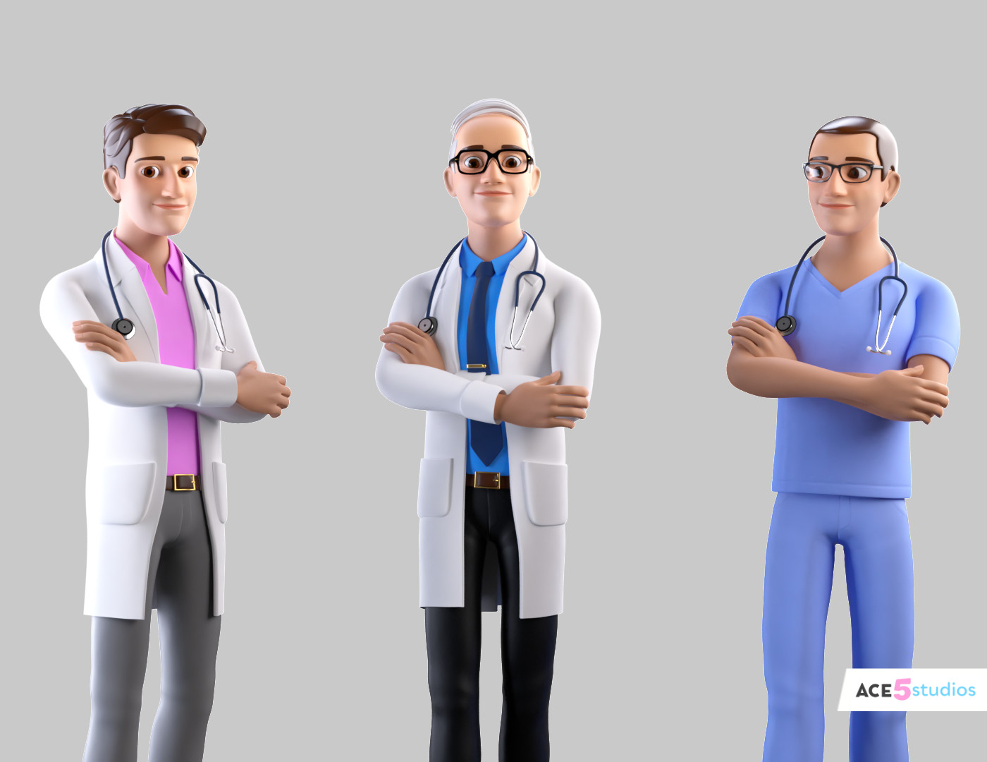 Doctors and nurse stylized cartoon Character male Cinema 4d C4D rig rigged character animation ready glasses, smart, stethoscope, lab coat, scrubs.