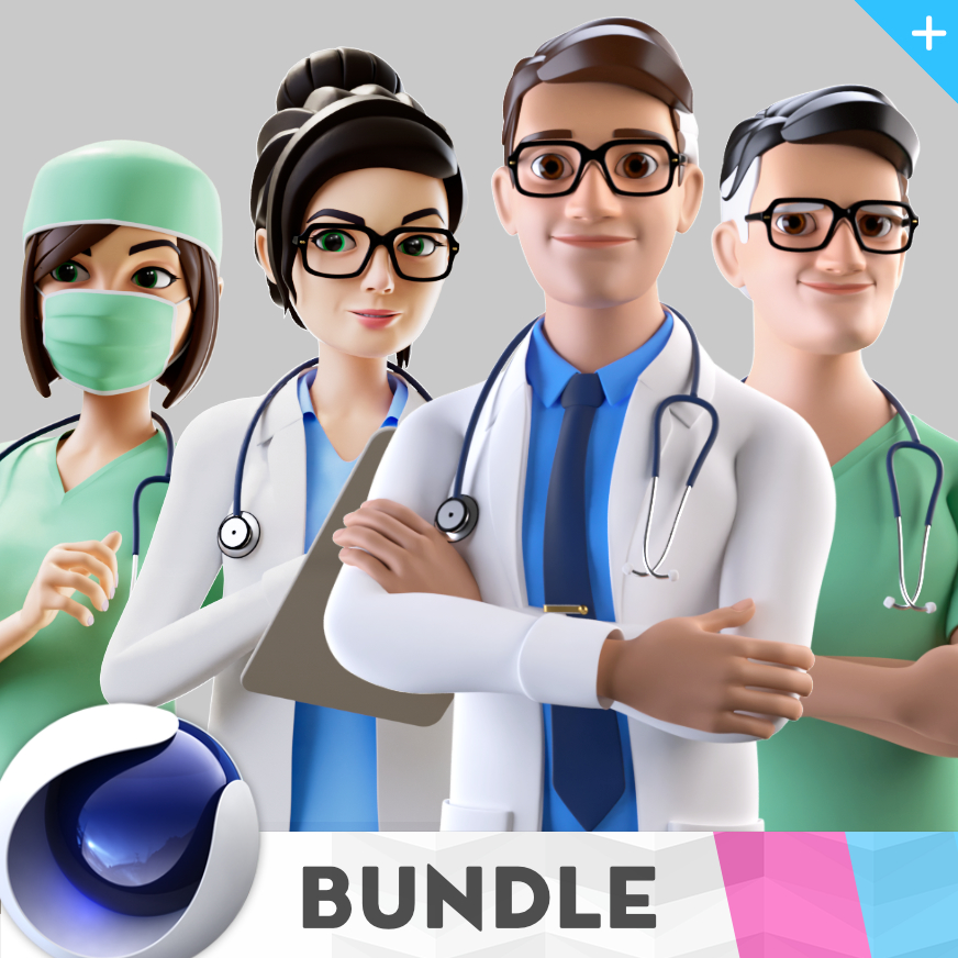 Team of doctors and nurses rigged in cinema 4d. Cartoon rigs. Man woman, Surgeon. Stylize characters for animation.