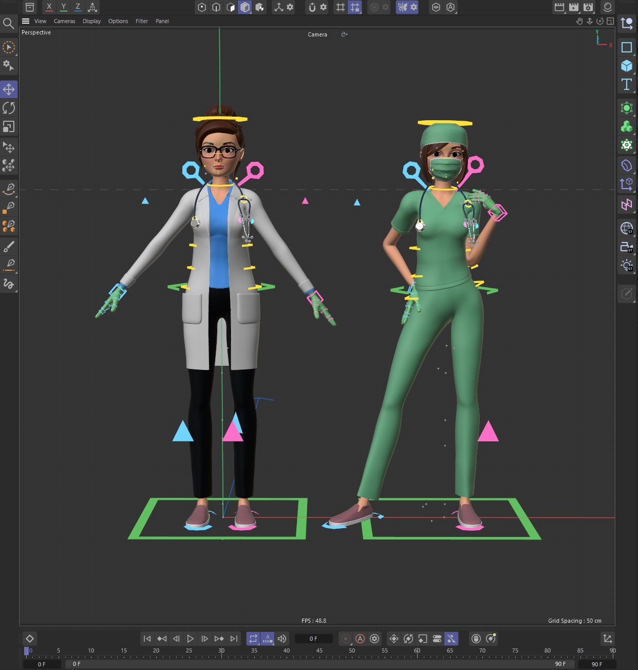 Controllers screenshot ofFemale woman lady Doctors and nurse stylized cartoon Character male Cinema 4d. C4D rig rigged character animation ready glasses, smart, stethoscope, lab coat, scrubs.